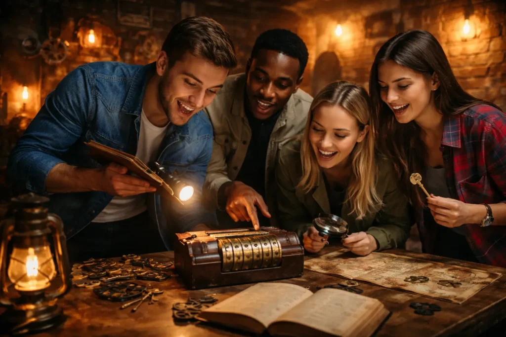 Équipe résolvant énigme escape game